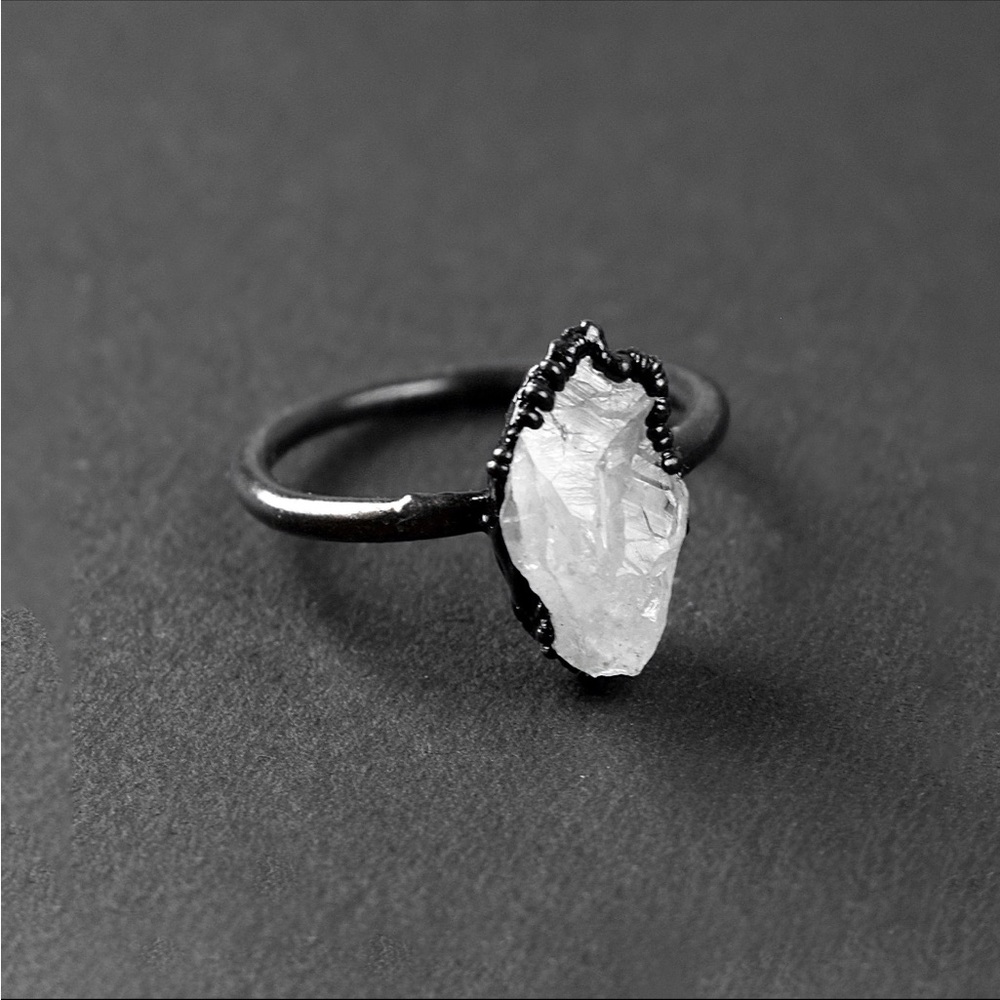 Natural Clear Crystal Quartz Ring Raw Stone  Gemstone Oxidized Ring Black Ring